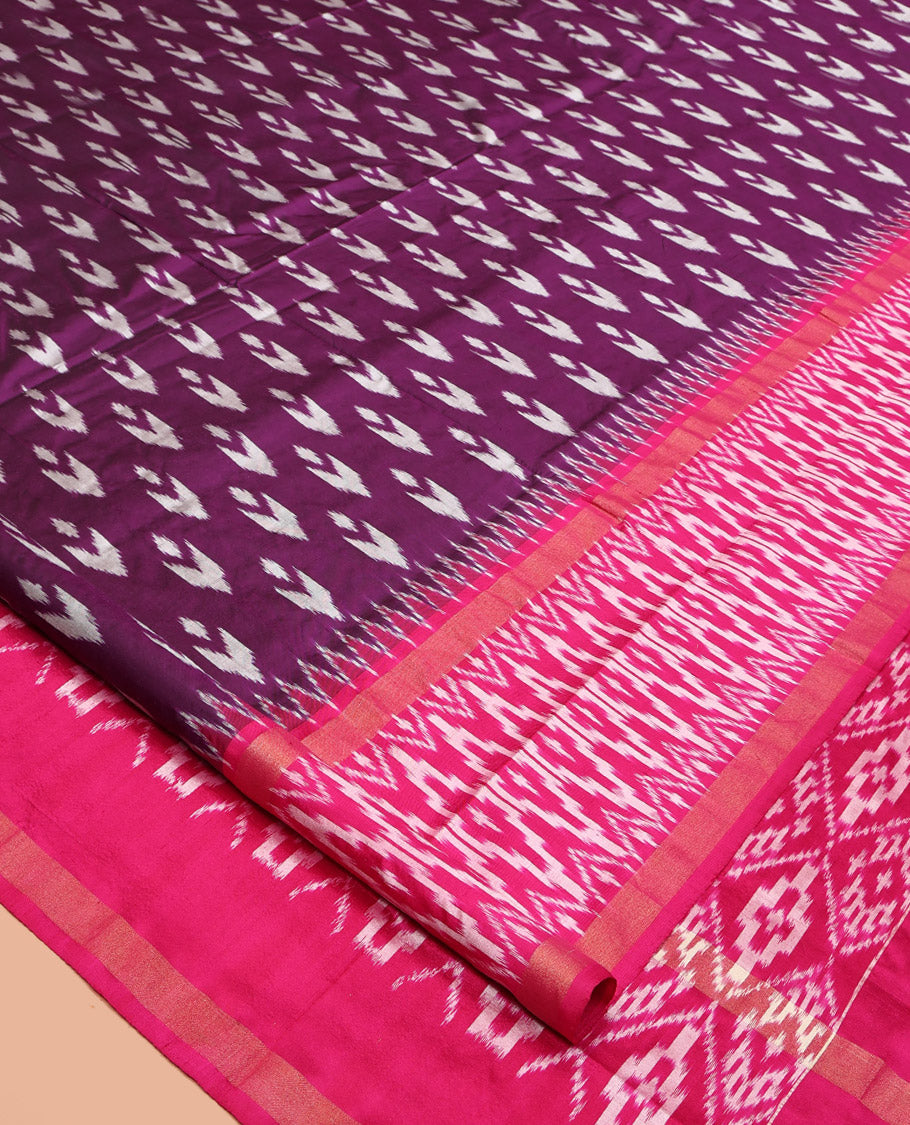 Purple Pochampally Ikat Silk Saree, Adorned with Buttas All Over Its Body, Complemented by a Contrast Temple Border of Geometric Patterns, Ikat-Style Jaal Pallu, and Paired with a Contrast Blouse