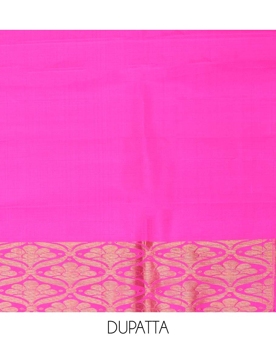White floral buttas pure silk half saree with contrast traditional design border, zari design blouse & ogee zari design dhavani