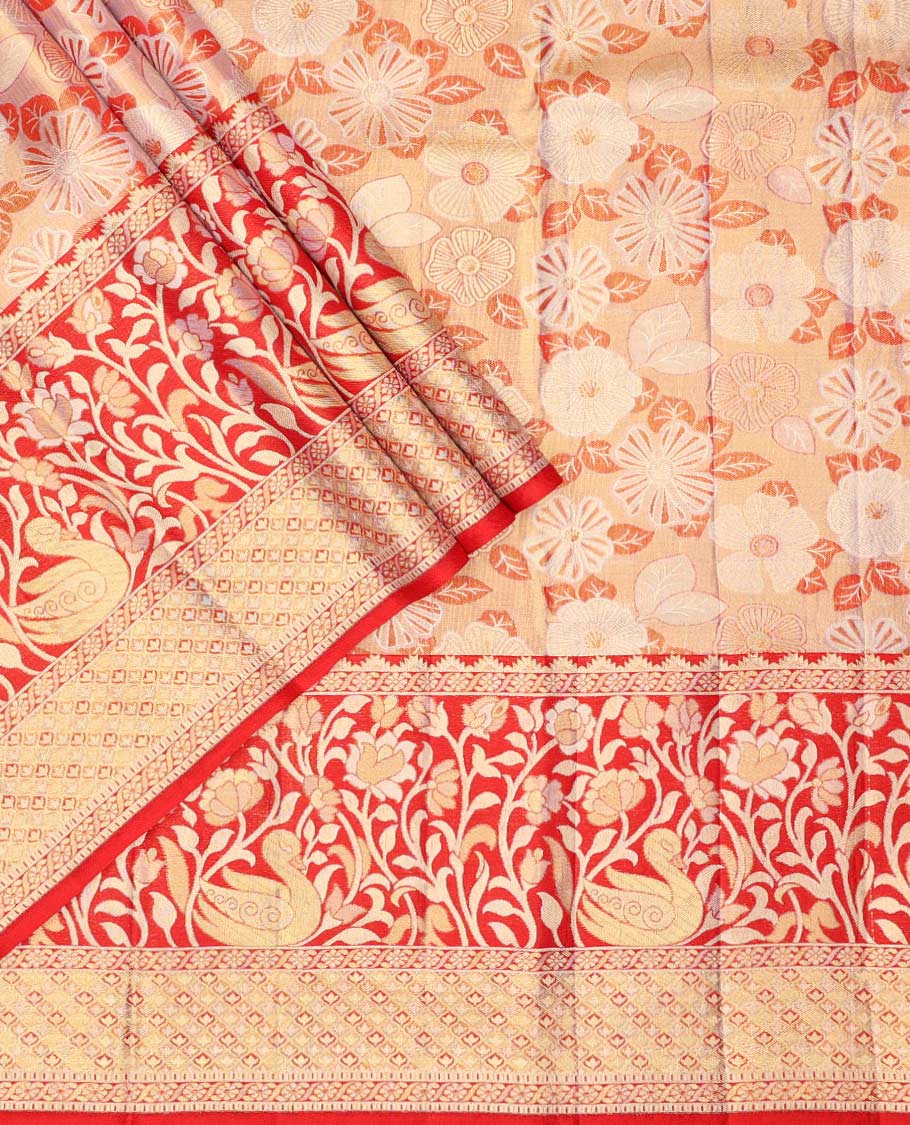 Light orange floral jacquard pure silk half saree with contrast floral zari design border, zari design blouse & floral zari design dhavani