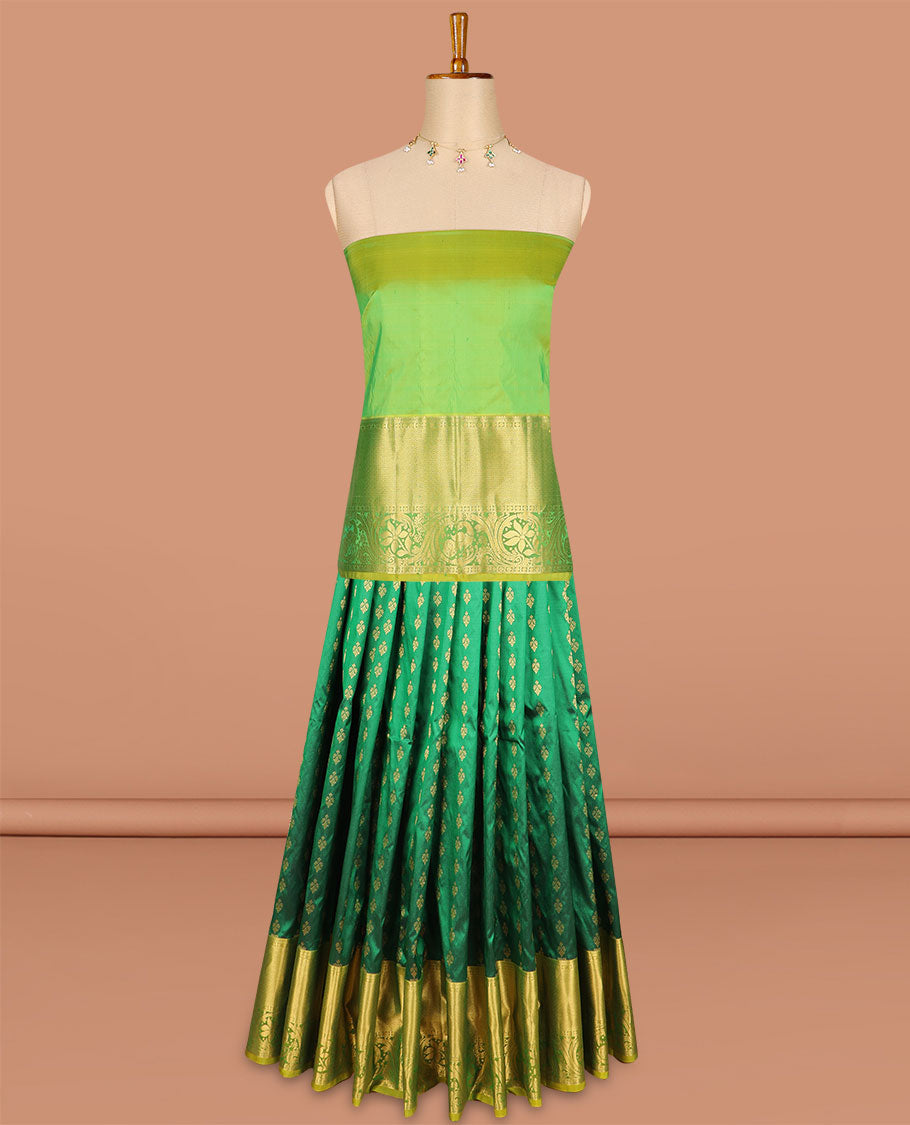 Green floral buttas silk half saree with contrast thilakam mokku, paun design border, zari design blouse & zari design border dhavani