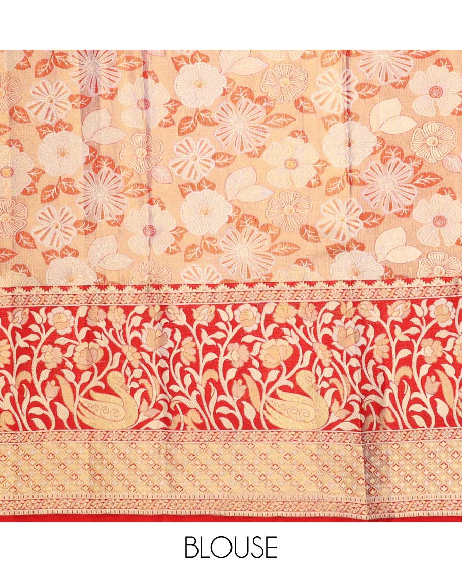 Light orange floral jacquard pure silk half saree with contrast floral zari design border, zari design blouse & floral zari design dhavani