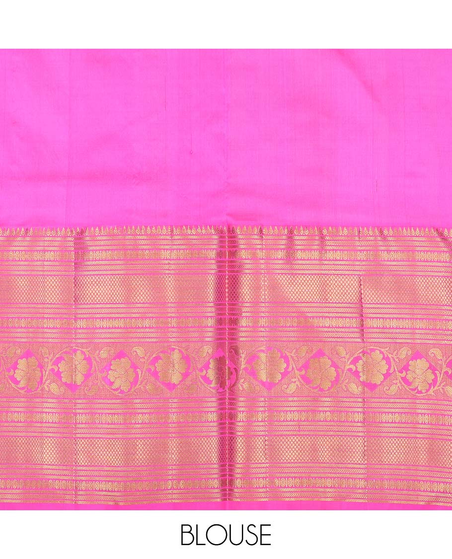 White floral buttas pure silk half saree with contrast traditional design border, zari design blouse & ogee zari design dhavani