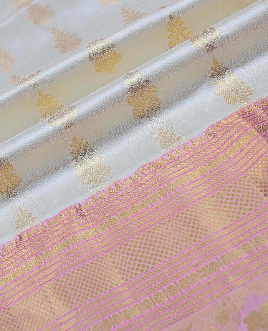 White floral buttas pure silk half saree with contrast traditional design border, zari design blouse & ogee zari design dhavani