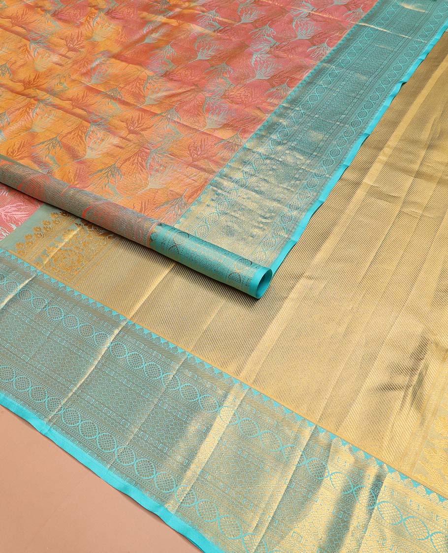 Pink Kanchipuram Tissue Silk Saree, Vibrantly Woven with Jacquard Design on Its Body, Complemented by a Contrast Border of Thilakam Mokku, Laddu Kamalam, and Zari Designs, Gleaming Zari Striped Pallu, and Paired with a Contrast Blouse
