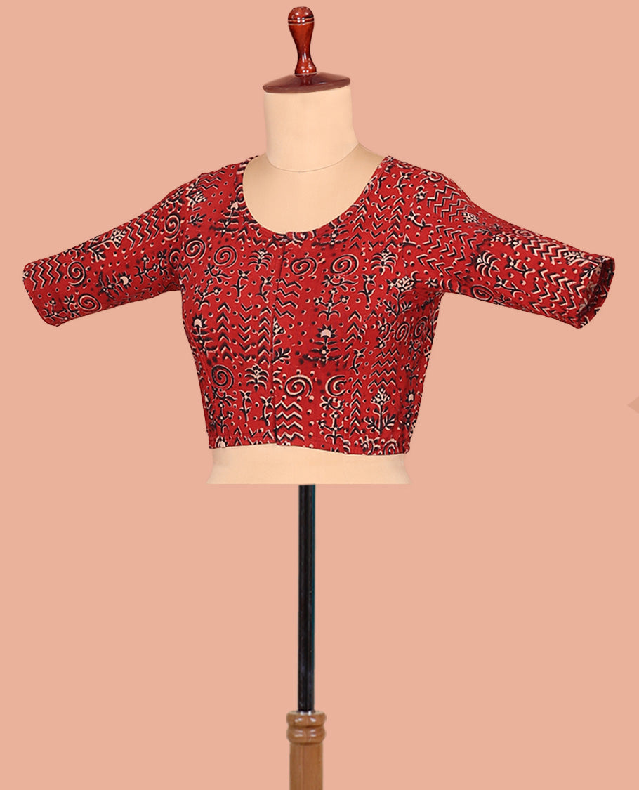 Red Cotton Readymade Blouse Adorned with All-Over Floral and Geometric Motifs Print, Featuring a Front Round-Neck, a Back Round Neck, and Elbow Sleeves
