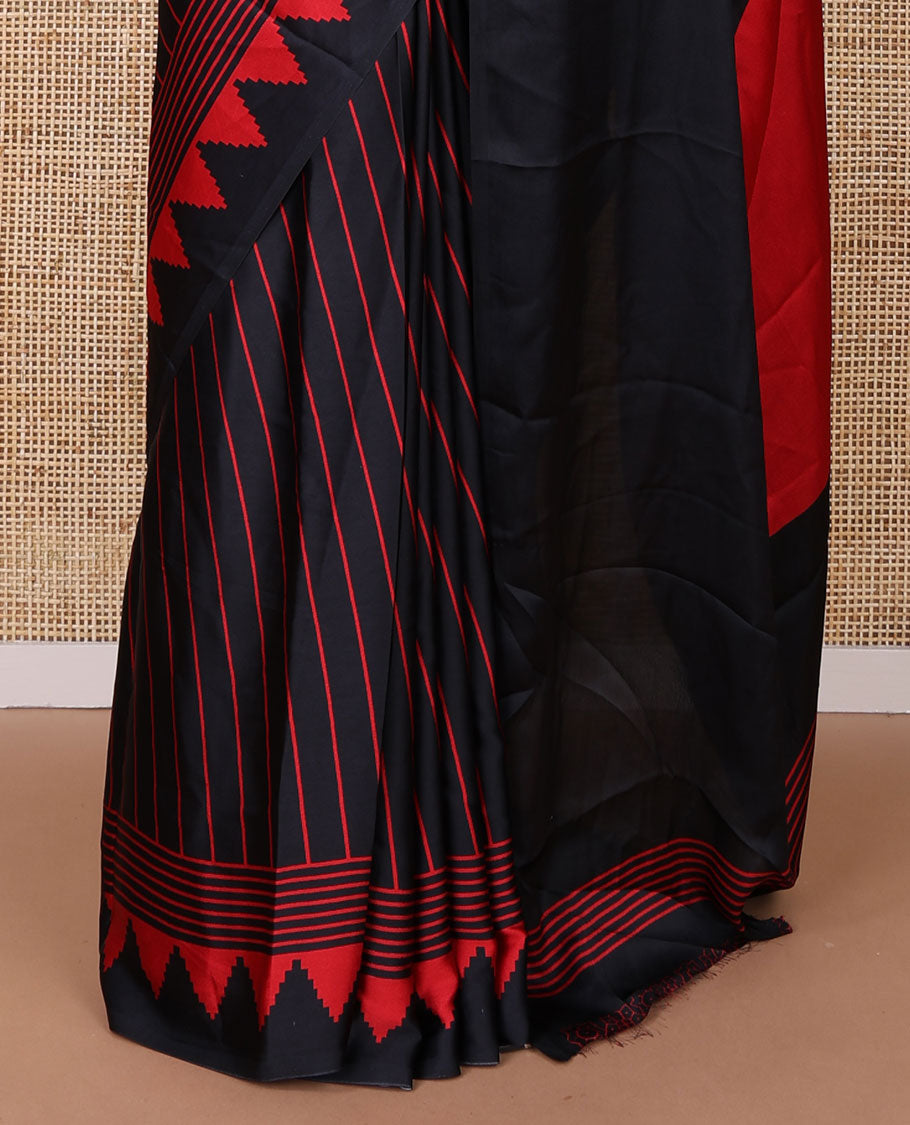 Black with red vertical lining printed design semi modal crepe saree with temple border & circle butta pallu along with printed blouse