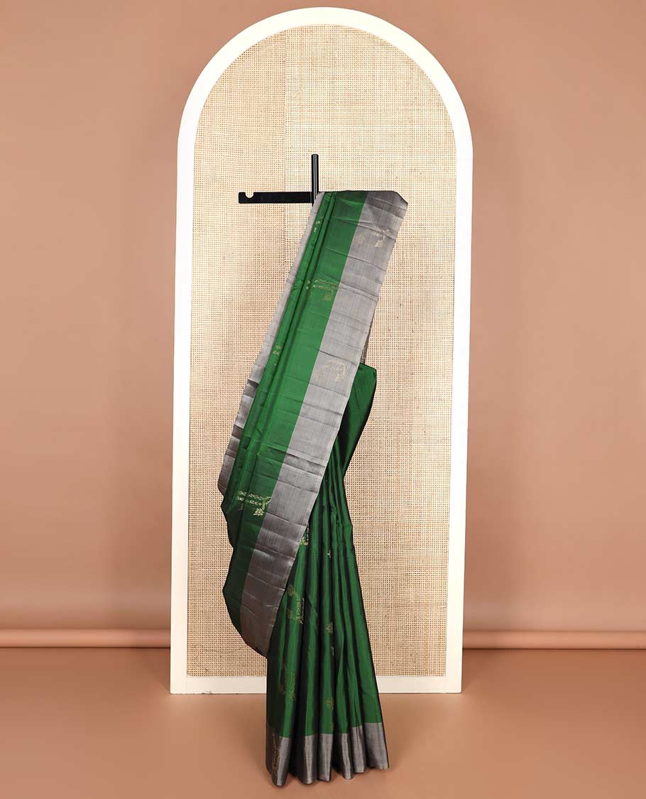 Green floral zari buttas silk mix saree, contrast floral zari design border & intricately designed pallu
