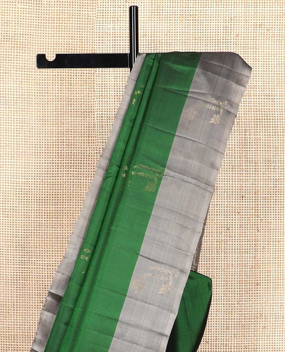 Green floral zari buttas silk mix saree, contrast floral zari design border & intricately designed pallu