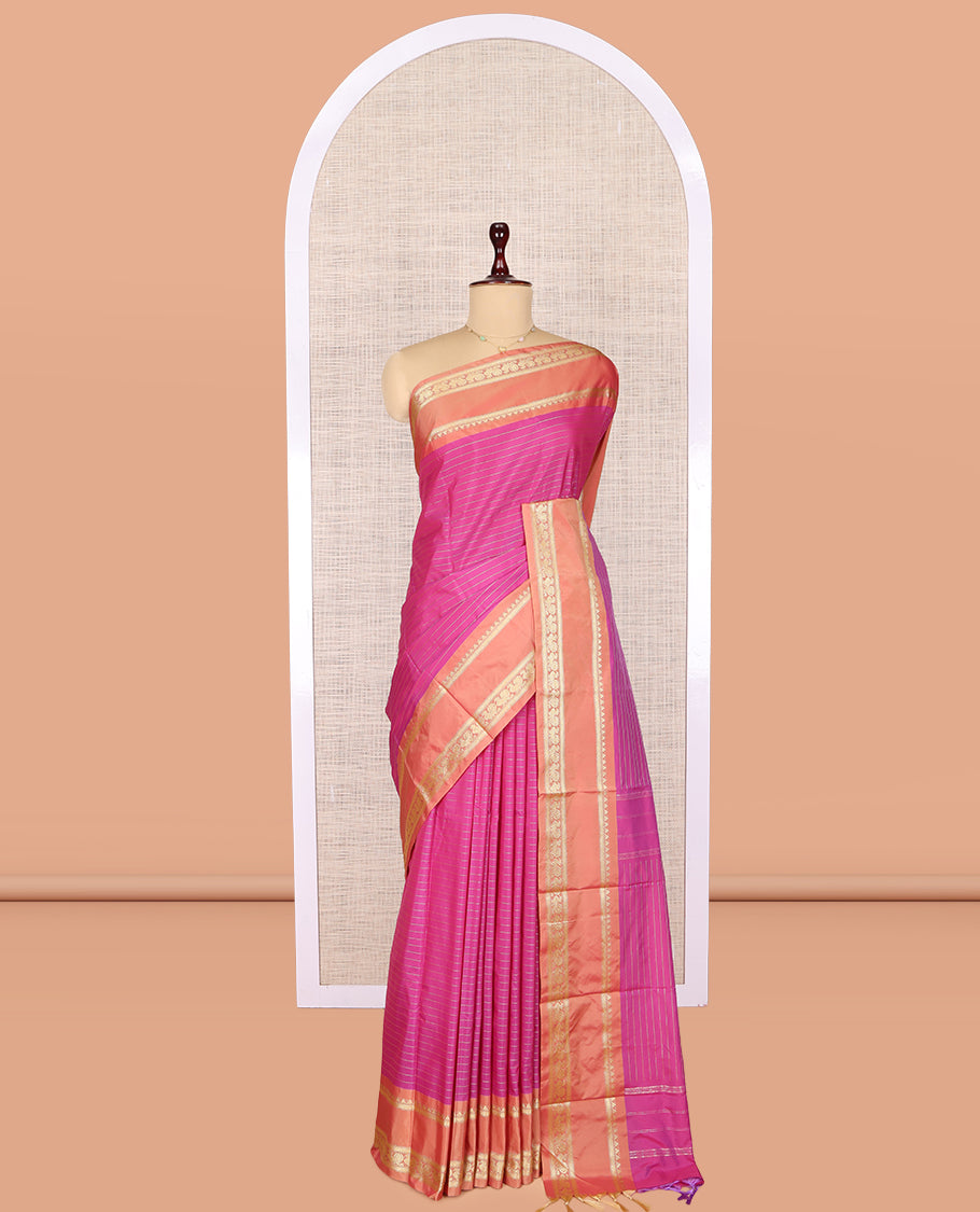 Pink Zari Striped Arani Saree, Mesmerized with Zari Stripes, a Contrast Rettai Pettu Traditional Border, Pallu of Zari Stripes, and a Matching Blouse