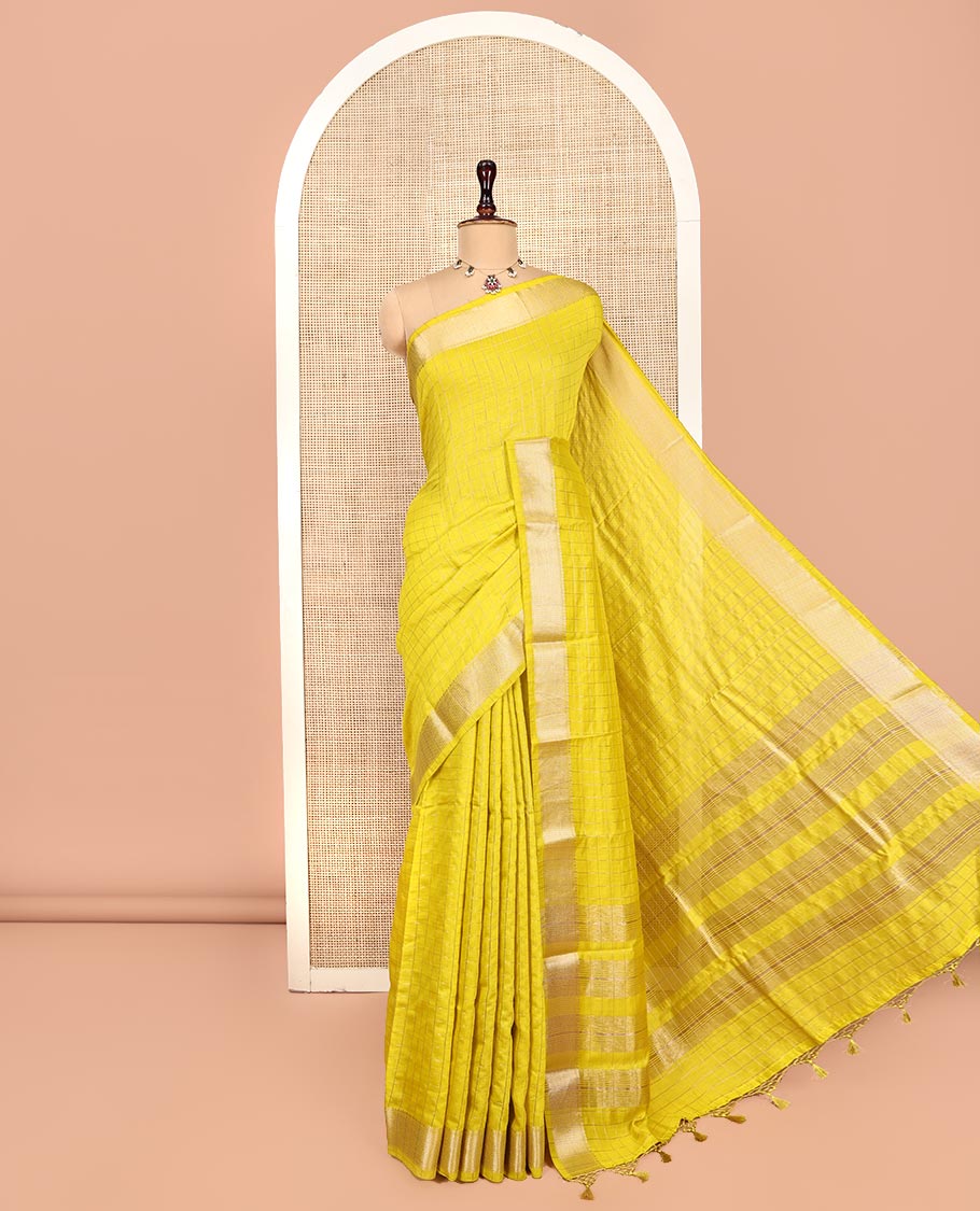Yellow Assam Silk Saree, Sparsely Threaded with Zari Checks, Highlighted by a Traditional Zari Border, Zari Design Pallu, and a Matching Blouse