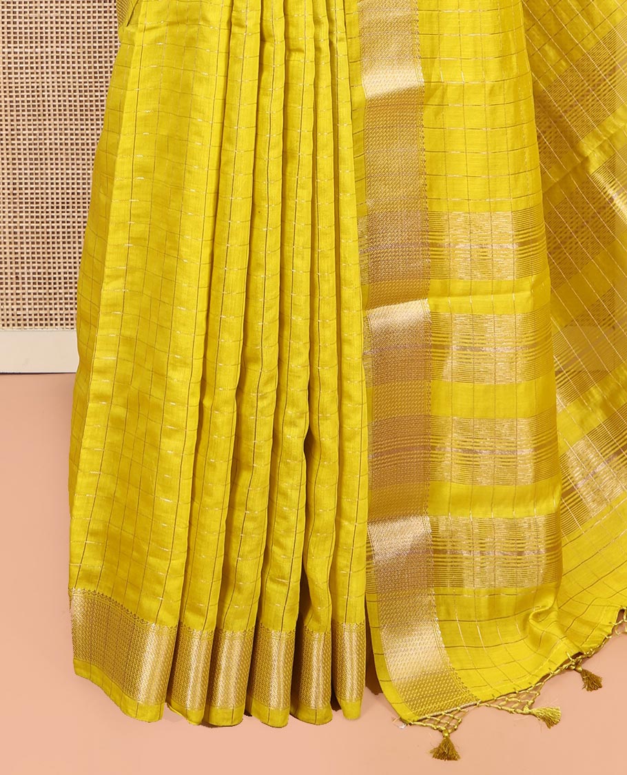 Yellow Assam Silk Saree, Sparsely Threaded with Zari Checks, Highlighted by a Traditional Zari Border, Zari Design Pallu, and a Matching Blouse