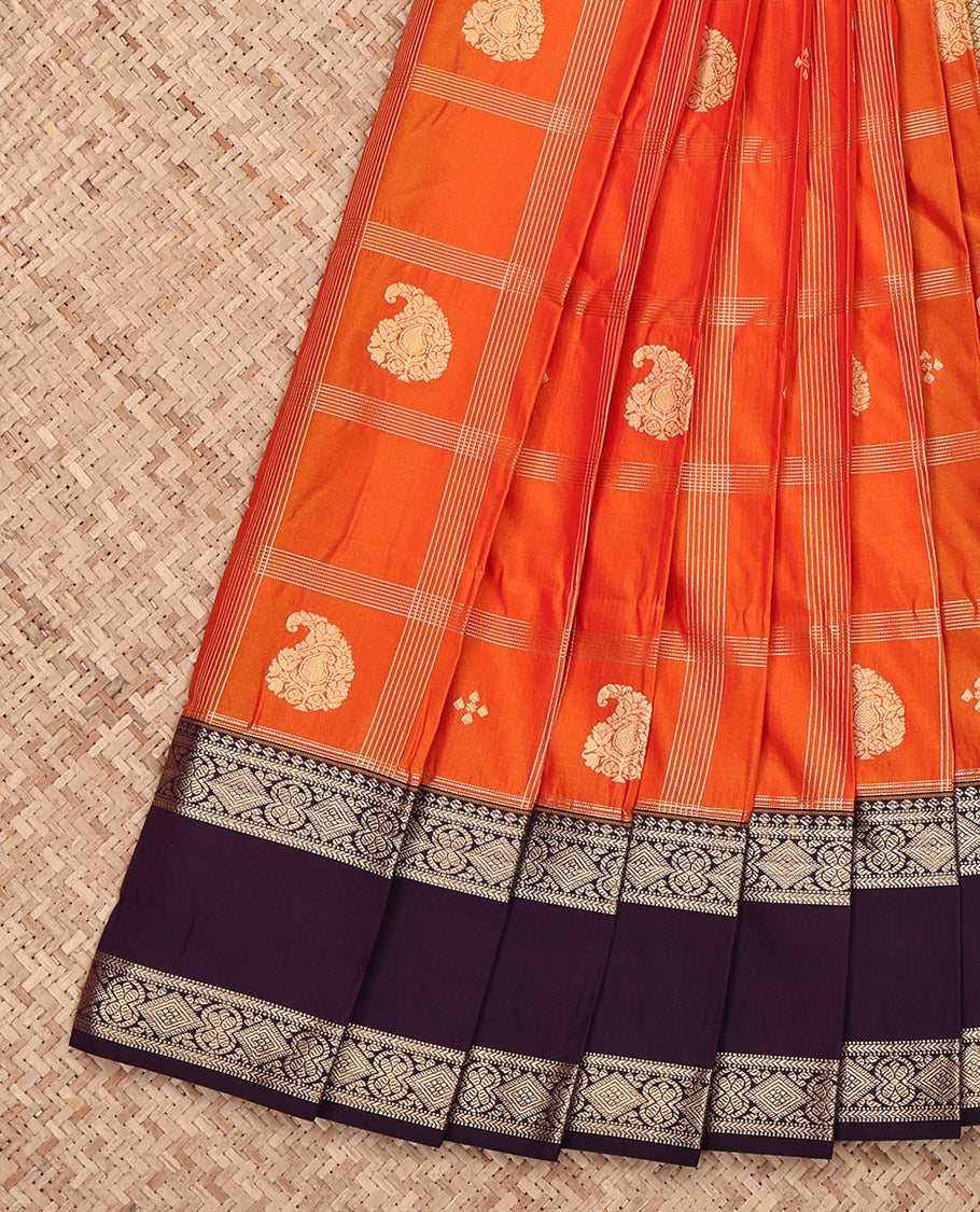 Orange Budget Silk Saree, Elevated with Zari Buttas and Checks, Complemented by a Contrast Traditional Rettai Pettu Border, Grand Pallu, and a Contrast Blouse