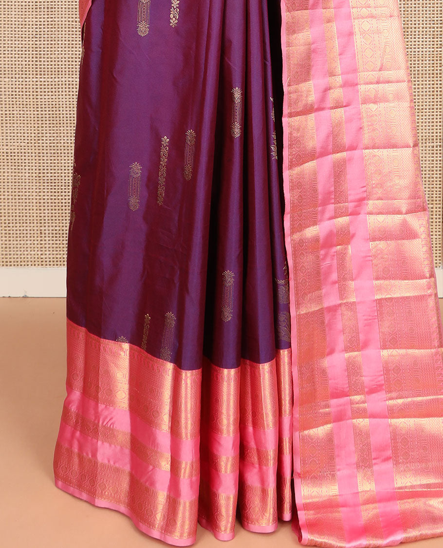 Purple zari buttas budget silk saree, contrast varisai pettu traditional zari border, and jaal pallu