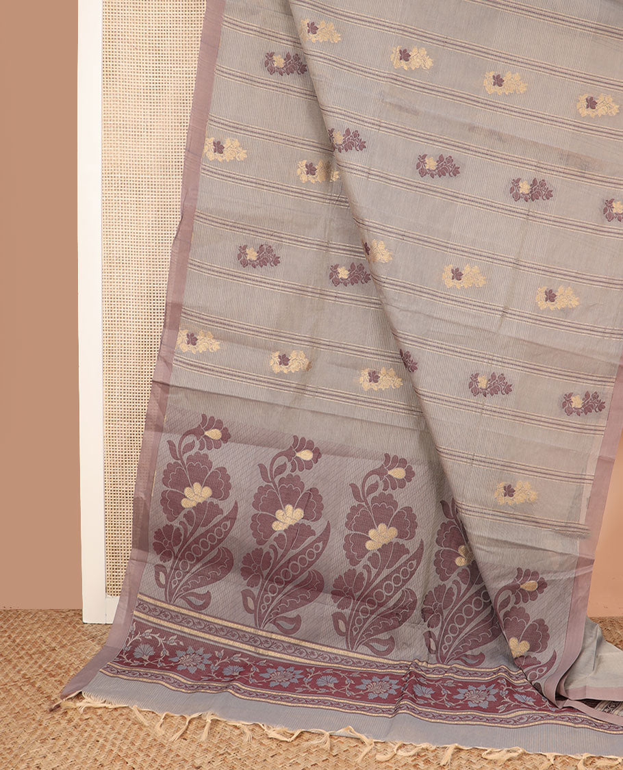 Beige striped and floral motifs woven coimbatore cotton saree, contrast plain border, and floral design pallu