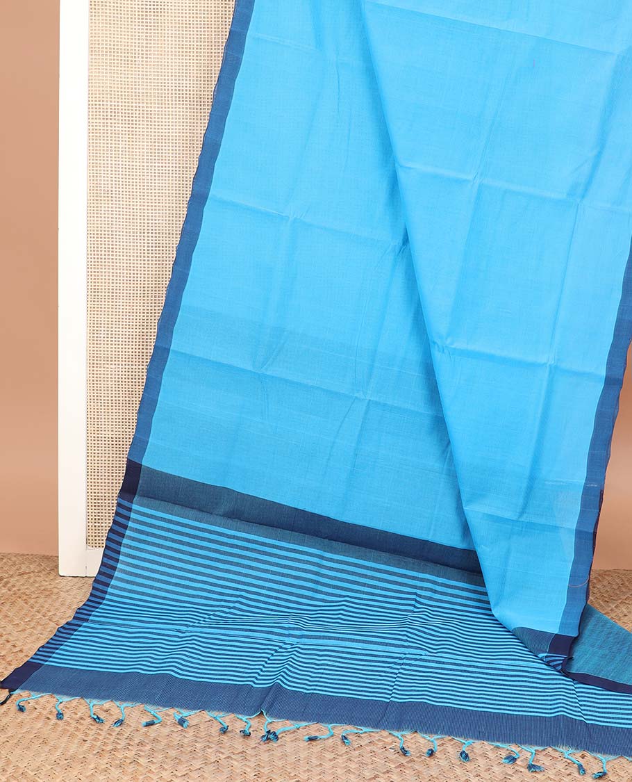 Blue plain Mangalagiri cotton saree, contrast plain border, striped pallu, and a striped blouse
