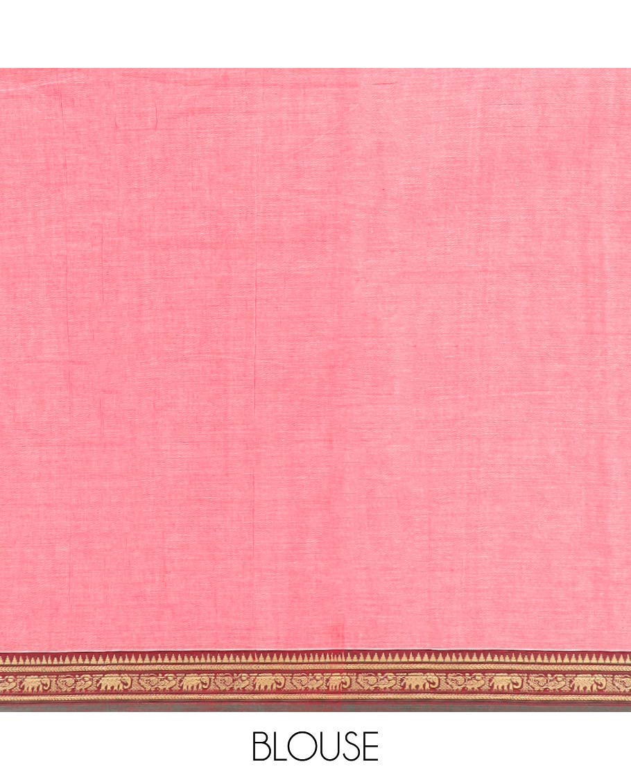 Pink plain Narayanpet cotton saree, contrast traditional border, and striped pallu