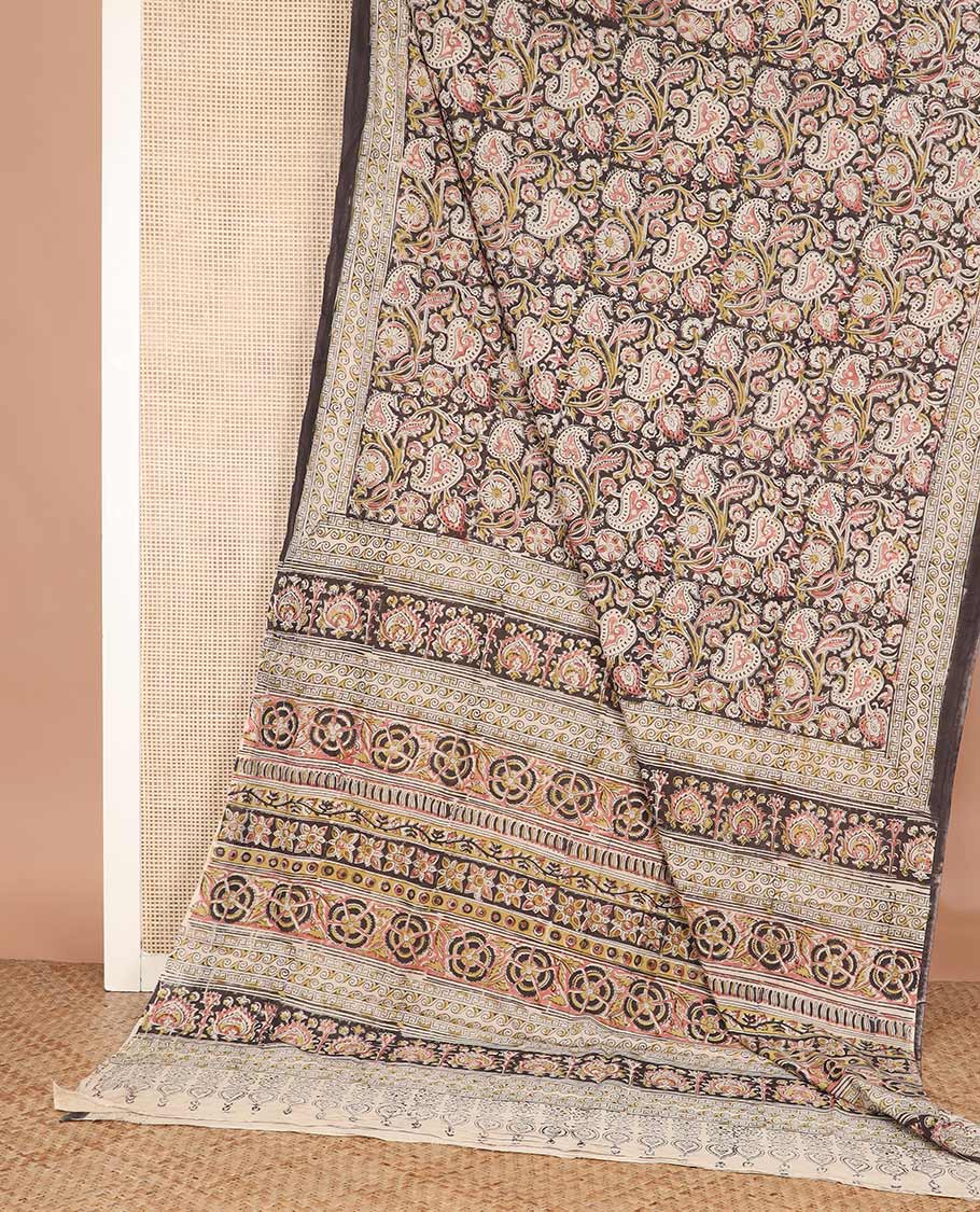 Pastel brown floral vine machine-printed Kalamkari cotton saree, geometric patterned border, and pallu of flora-geometric patterns