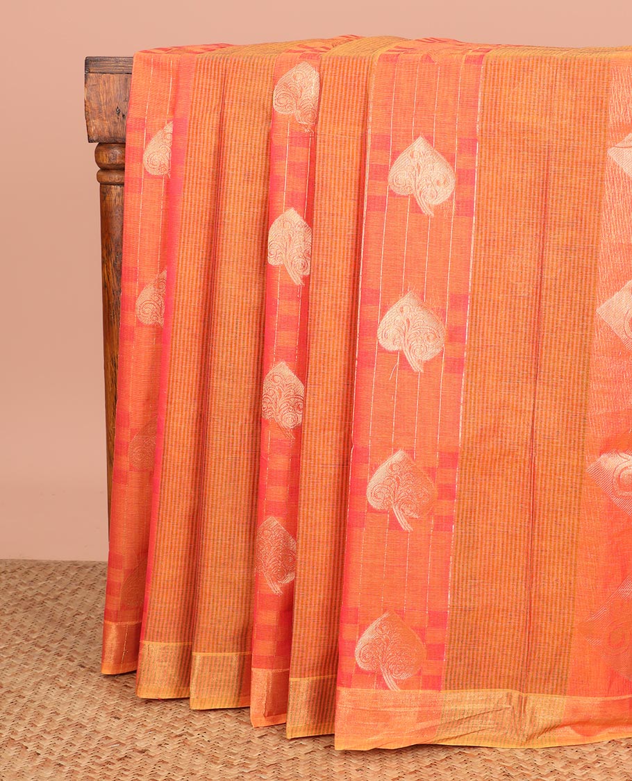 Orange Coimbatore Cotton Saree, Delicately Designed with Stripes, Checks, and Buttas All Over Its Body, Subtly Zari Border, Sparsely Woven Pallu of Floral-Leaf Designs, and Paired with a Matching Blouse
