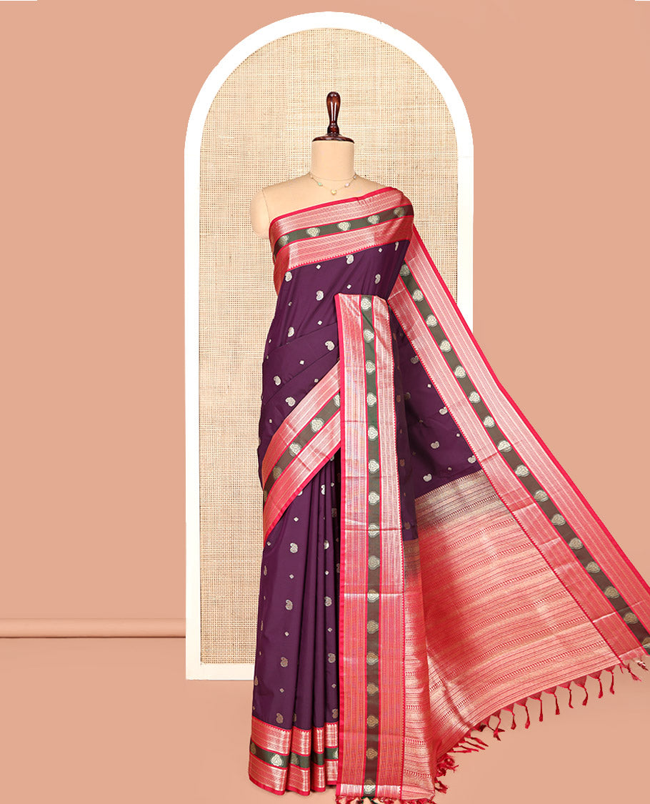 Wine Maroon and Dark Pink Budget Silk Saree, Accentuated with Manga and Diamond Buttas on Its Body, Complemented by Contrast Traditional Zari Design Border, Pallu Steeped with Traditional Designs, and Paired with a Contrast Blouse