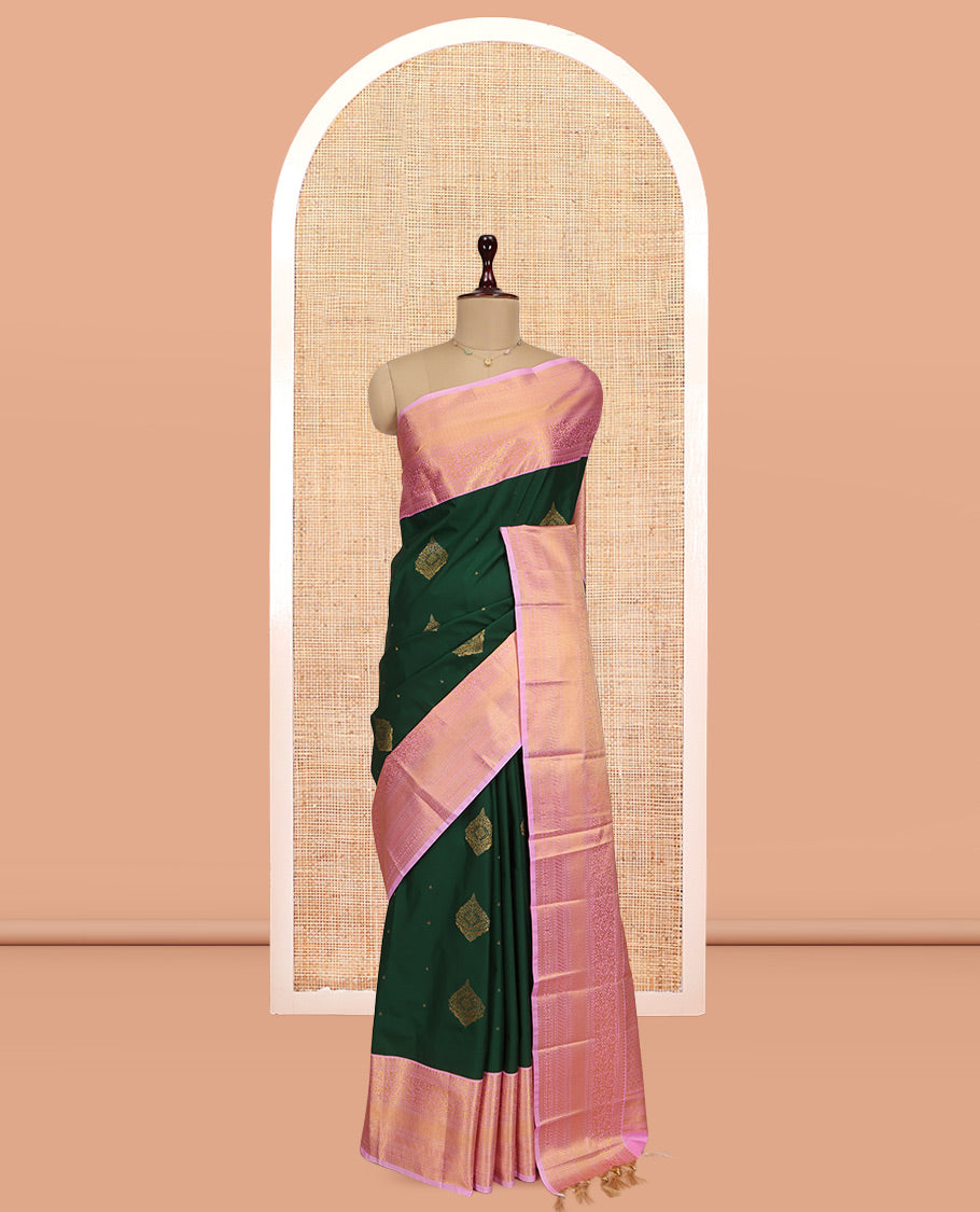 Green-Pink Zari Buttas Budget Silk Saree, Contrast Traditional Zari Border, Grand Pallu, a Contrast Blouse