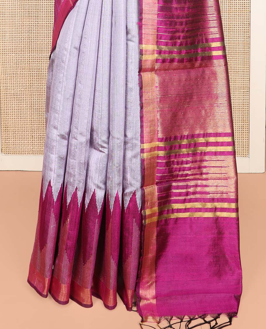 Grey Plain Dupion Silk Saree, Complemented by a Contrast Temple Zari Border, Gleaming Zari Pallu of Traditional Designs, and Paired with a Contrast Blouse
