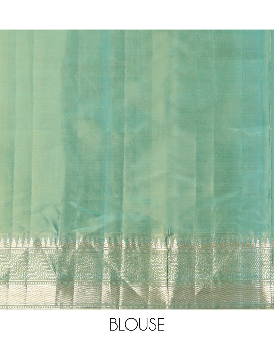 Green floral brocade Kanchipuram silk saree, zari border and pallu steeped with geometric patterns