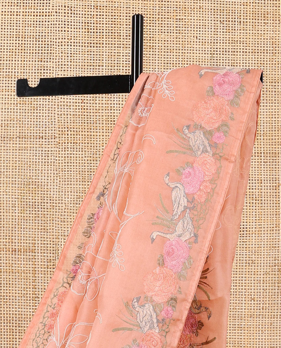 Orange floral thread embroidery organza saree with self floral, bird embroidery border