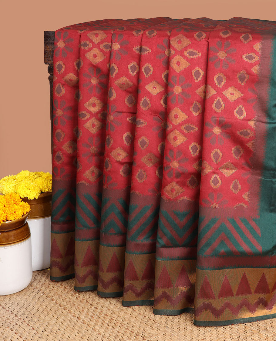 Red allover zari thread patola weaving design mulburry silk saree with contrast gold zari weaving border & patola weaving rich pallu along with gold zari vertical lining design blouse