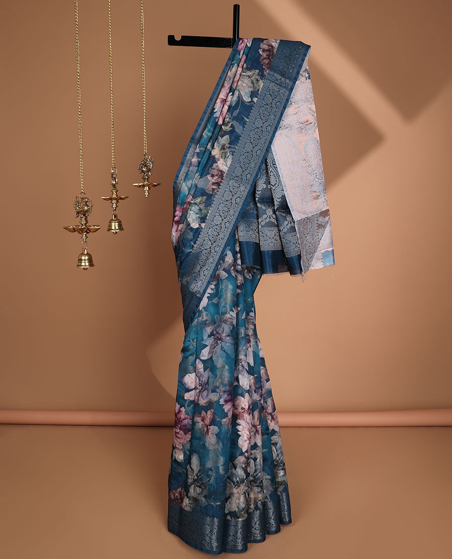 Peacock blue floral digital print semi-dupion saree with self zari weaving border
