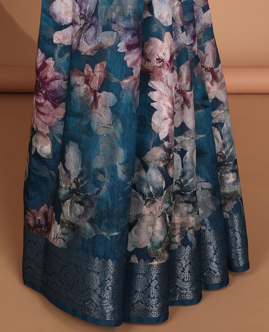Peacock blue floral digital print semi-dupion saree with self zari weaving border