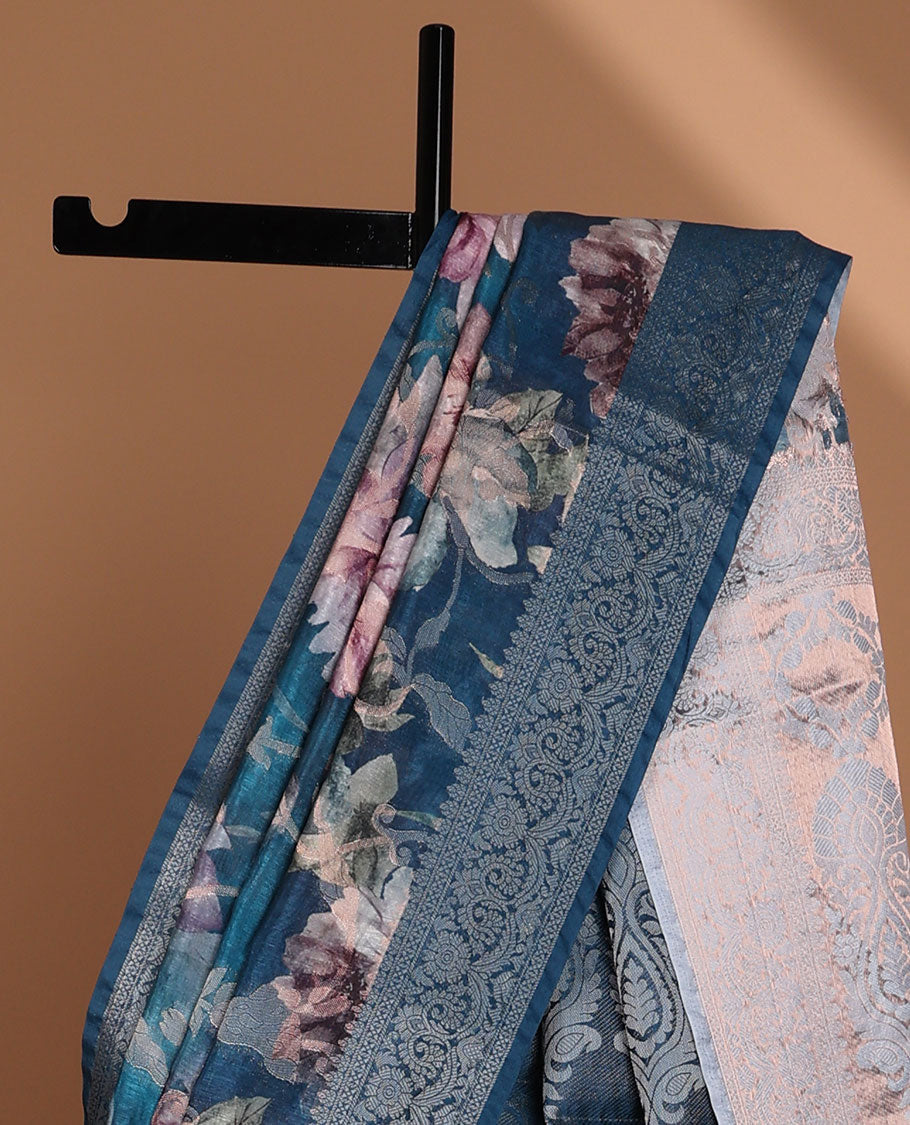 Peacock blue floral digital print semi-dupion saree with self zari weaving border