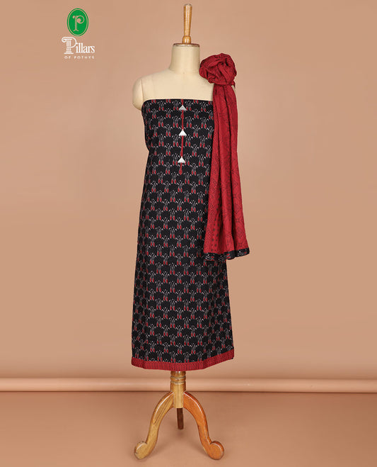 Black with maroon ikkat print fancy neck, katha work flex cotton chudidhar material top with cotton pants & negative print dupatta