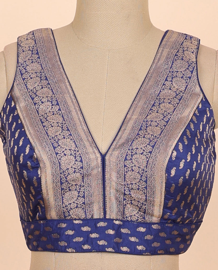 Dark blue floral zari design front & back deep v-neck raw-silk readymade sleeveless blouse
