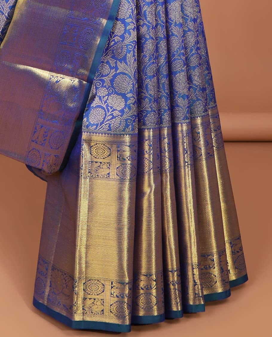 Blue floral jacquard samudrika silk saree with contrast intricate zari design border & floral zari design pallu