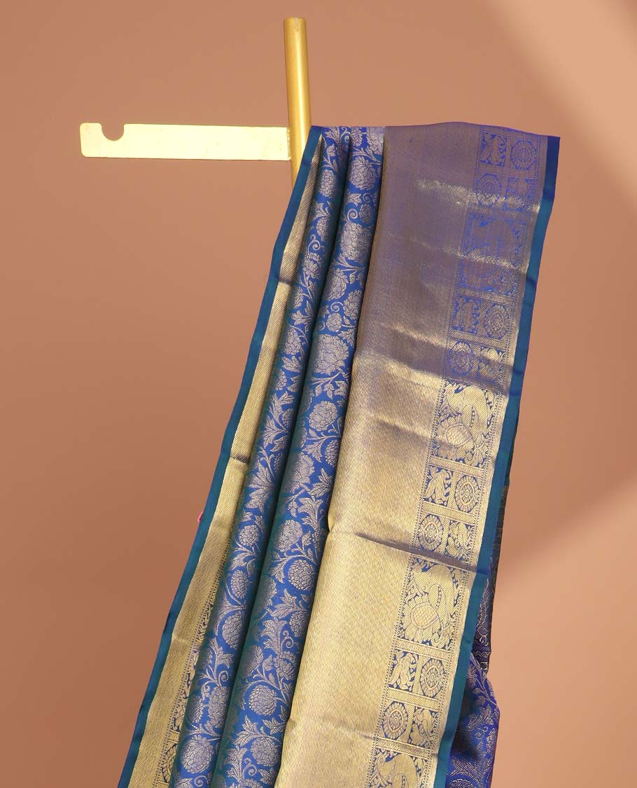 Blue floral jacquard samudrika silk saree with contrast intricate zari design border & floral zari design pallu