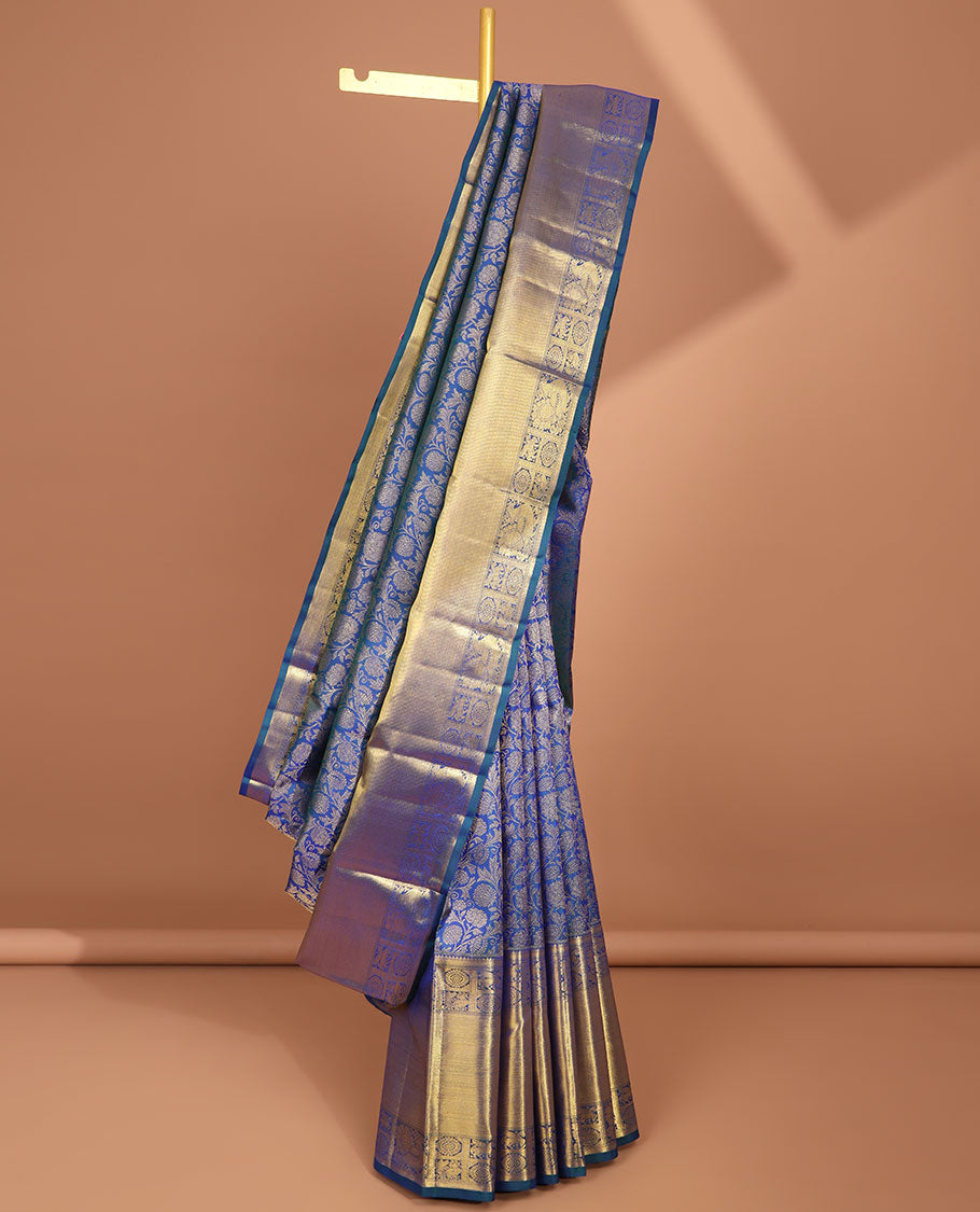 Blue floral jacquard samudrika silk saree with contrast intricate zari design border & floral zari design pallu
