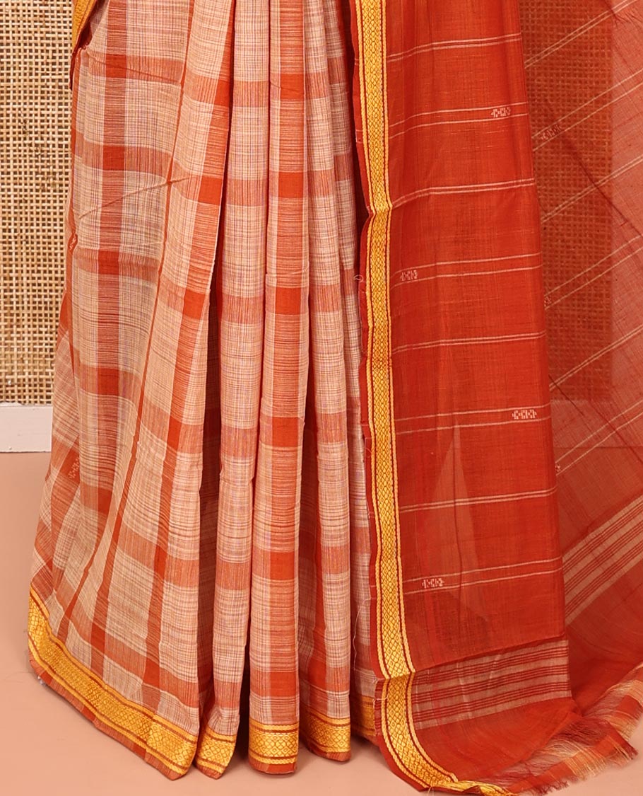 Orange Andhra Cotton Saree, Highlighted by a Big Checked Design All Over Its Body, Subtly Sparked with a Traditional Border, Pallu of Stripes, and Paired with a Matching Blouse