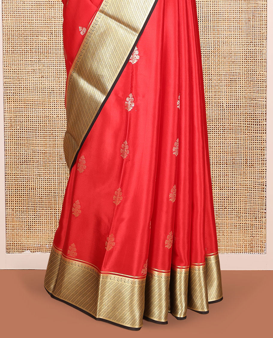 Red Mysore Silk Saree Features Floral Buttas, Contrast Traditional Zari Border, an Intricate Pallu, and a Contrast Blouse