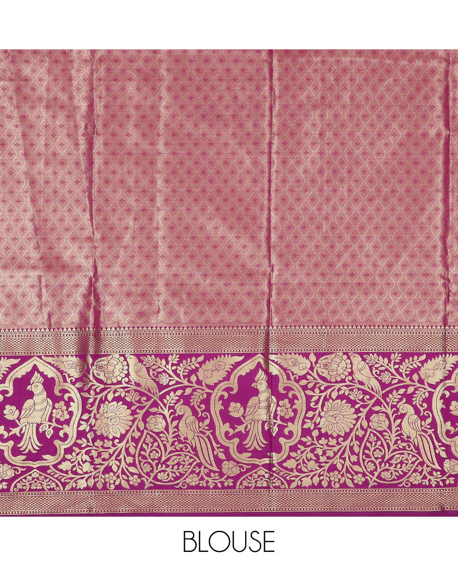 Pale green floral jacquard art silk half-saree saree with contrast meenakari bordered skirt, contrast jacquard blouse, and a contrast zari paisleys woven dhavani