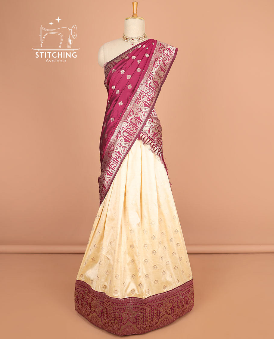 Cream buttas half saree with contrast zari design border, zari design blouse & red floral vine zari design dhavani