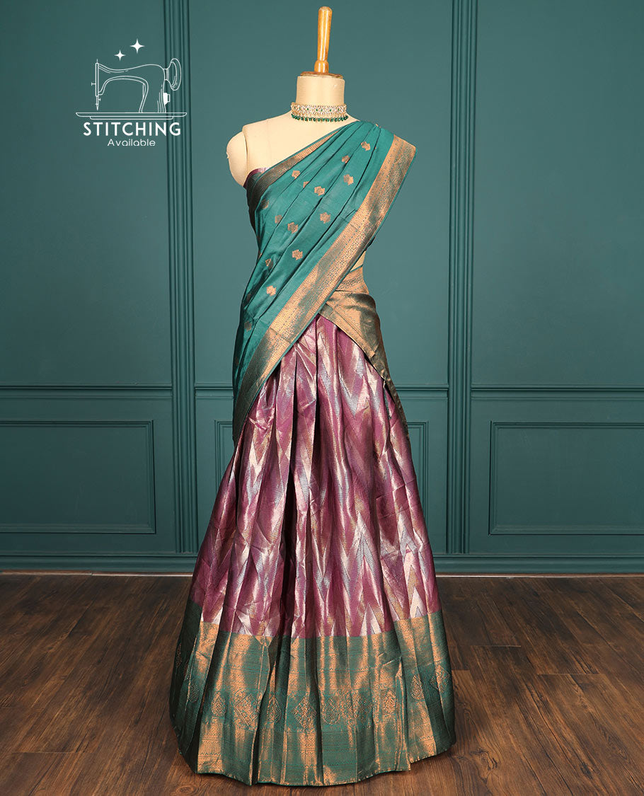 Maroon chevron artsilk halfsaree,contrast traditional zari design & stonework border,jacquard blouse & intricate dhavani
