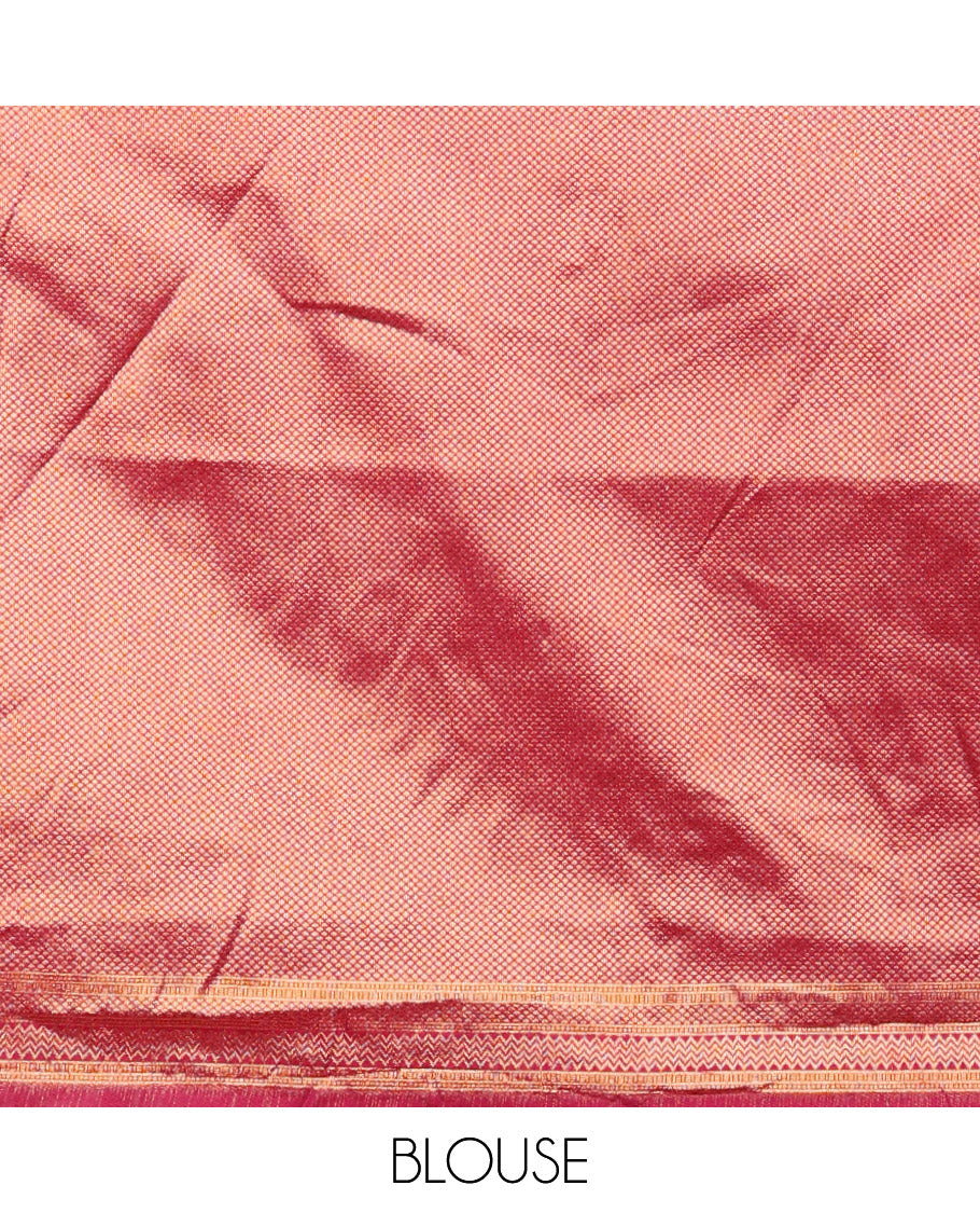 Gold-magenta zari buttas half-saree with contrast intricate motifs woven bordered skirt, brocade blouse, and a zari design dhavani