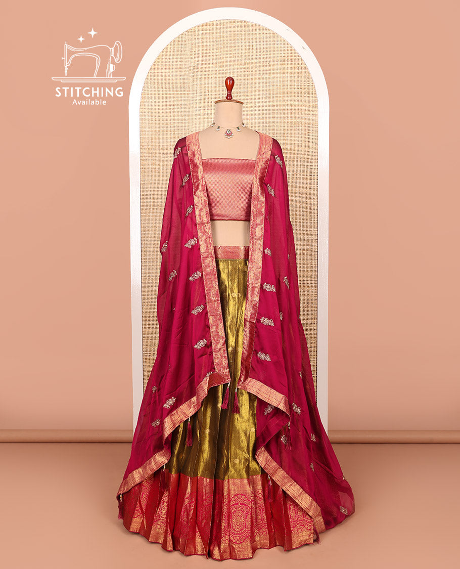 Gold-magenta zari buttas half-saree with contrast intricate motifs woven bordered skirt, brocade blouse, and a zari design dhavani