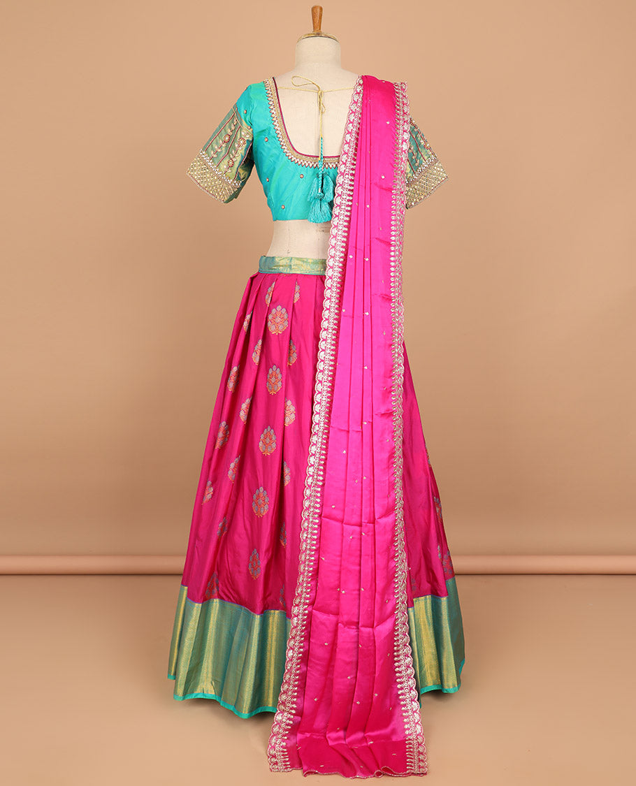 Pink floral buttas art silk half saree with contrast zari design border , floral embroidery blouse & floral stone embroidered scallop border