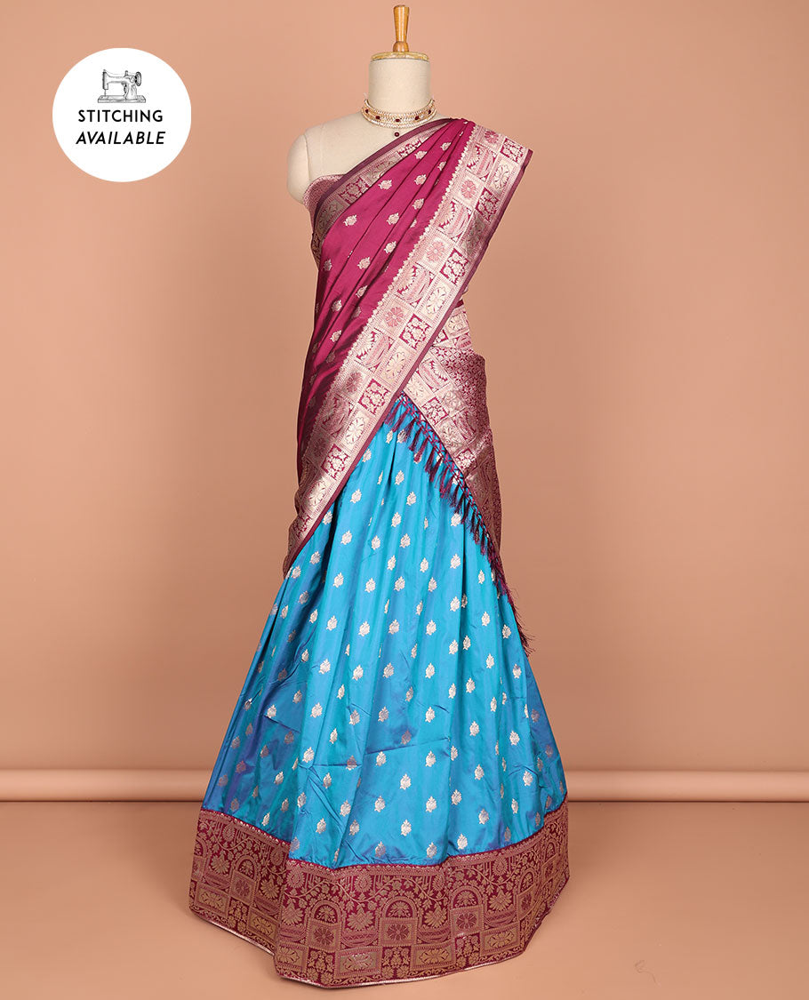 Light blue floral motifs banaras half saree with contrast intricate zari design border, zari design blouse & floral zari design dhavani