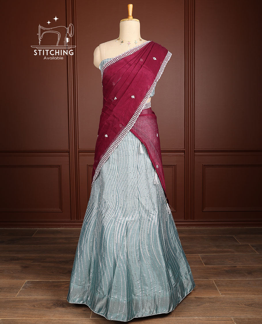 Blue floral jacquard half saree with contrast intricate zari design border, zari designb louse & floral embroidery scallop border dhavani