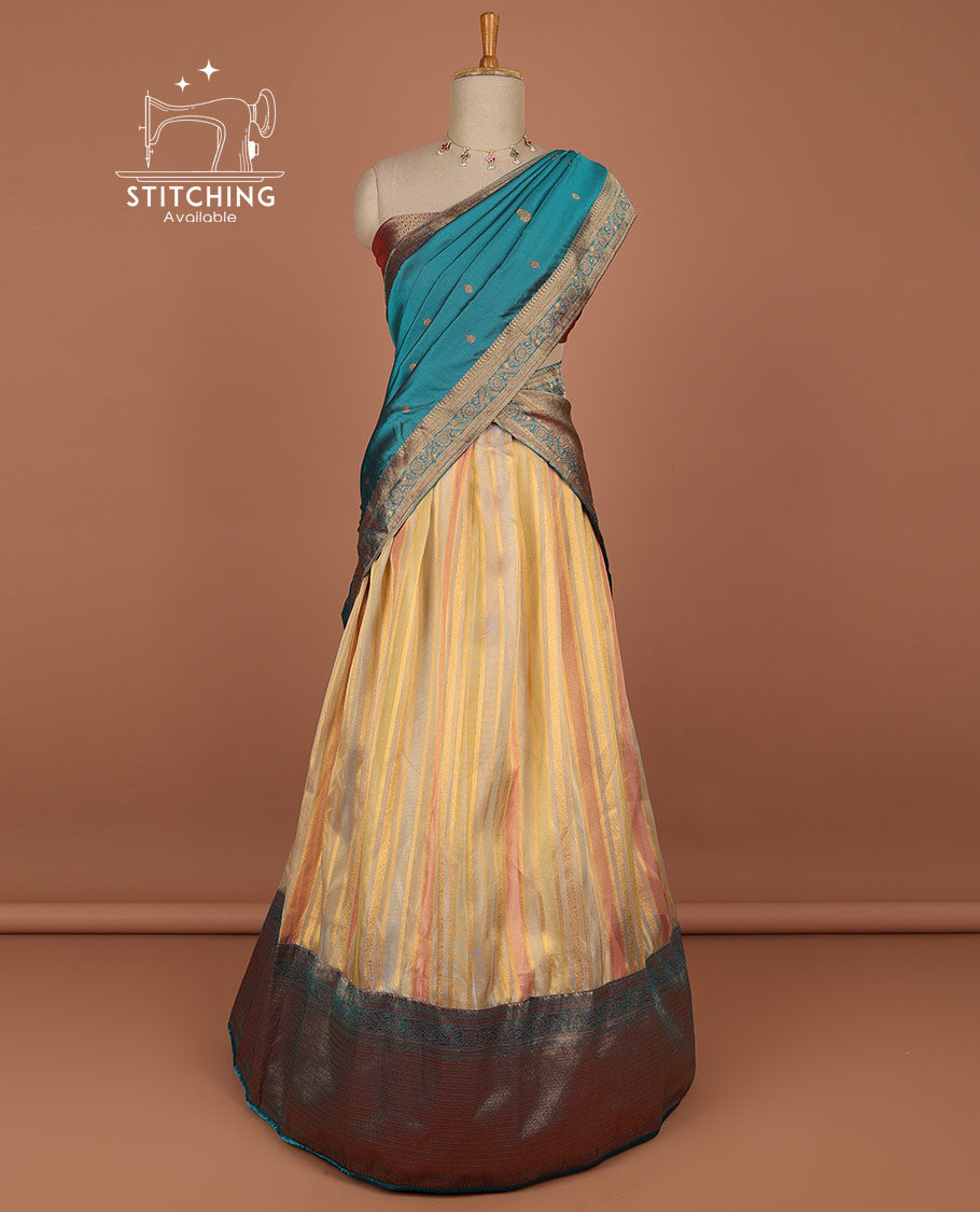 multi-color half saree with contrast zari design border, zari design blouse & floral zari design dhavani