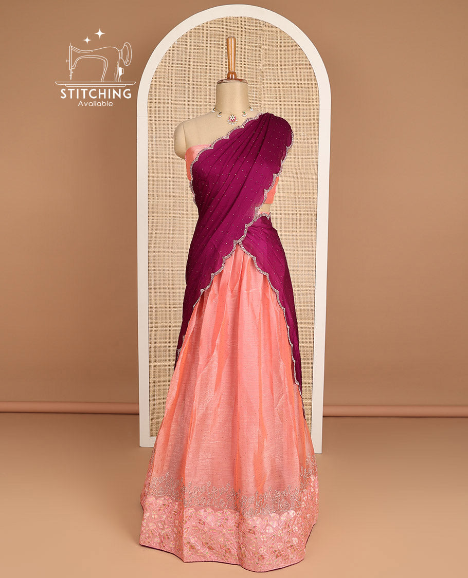 Peach floral embroidery organza half saree with embroidered blouse & scallop border dhavani