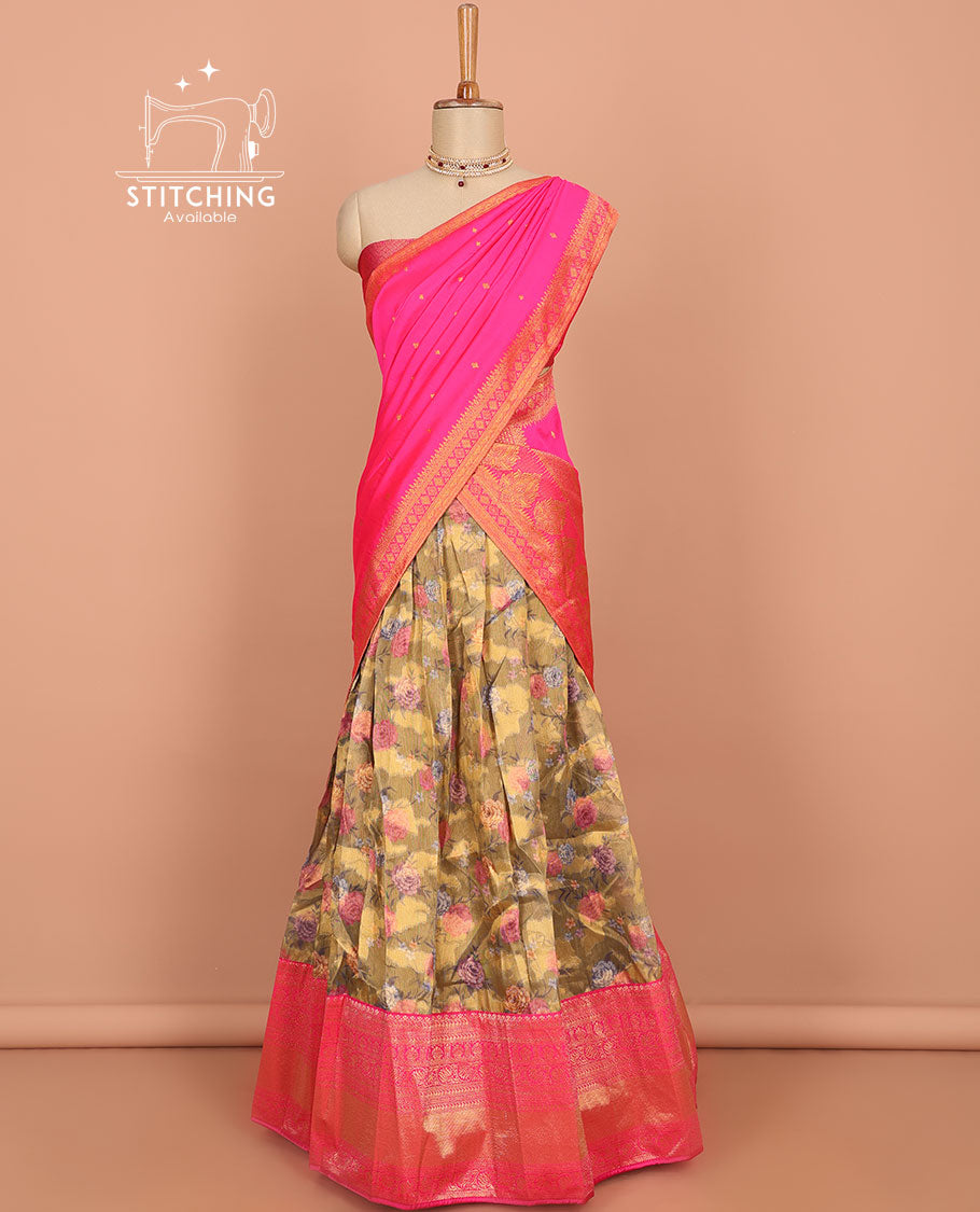 Green floral printed art silk half saree, contrast traditional design border, jacquard blouse & intricate dhavani
