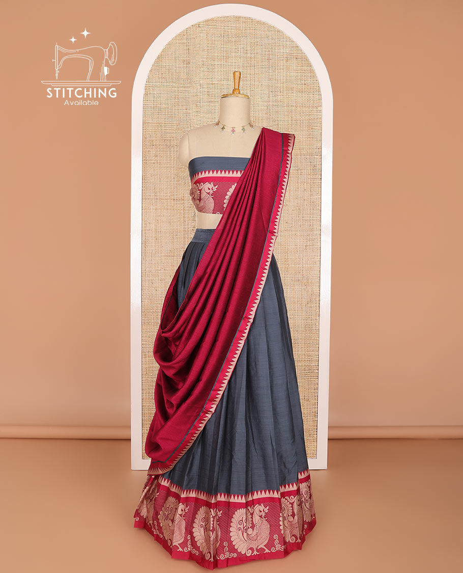 Dark grey cotton half saree with contrast peacock motifs border, peacock design blouse & temple border dhavani